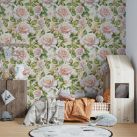 Full bloom roses on wallpaper for a romantic and elegant room.

