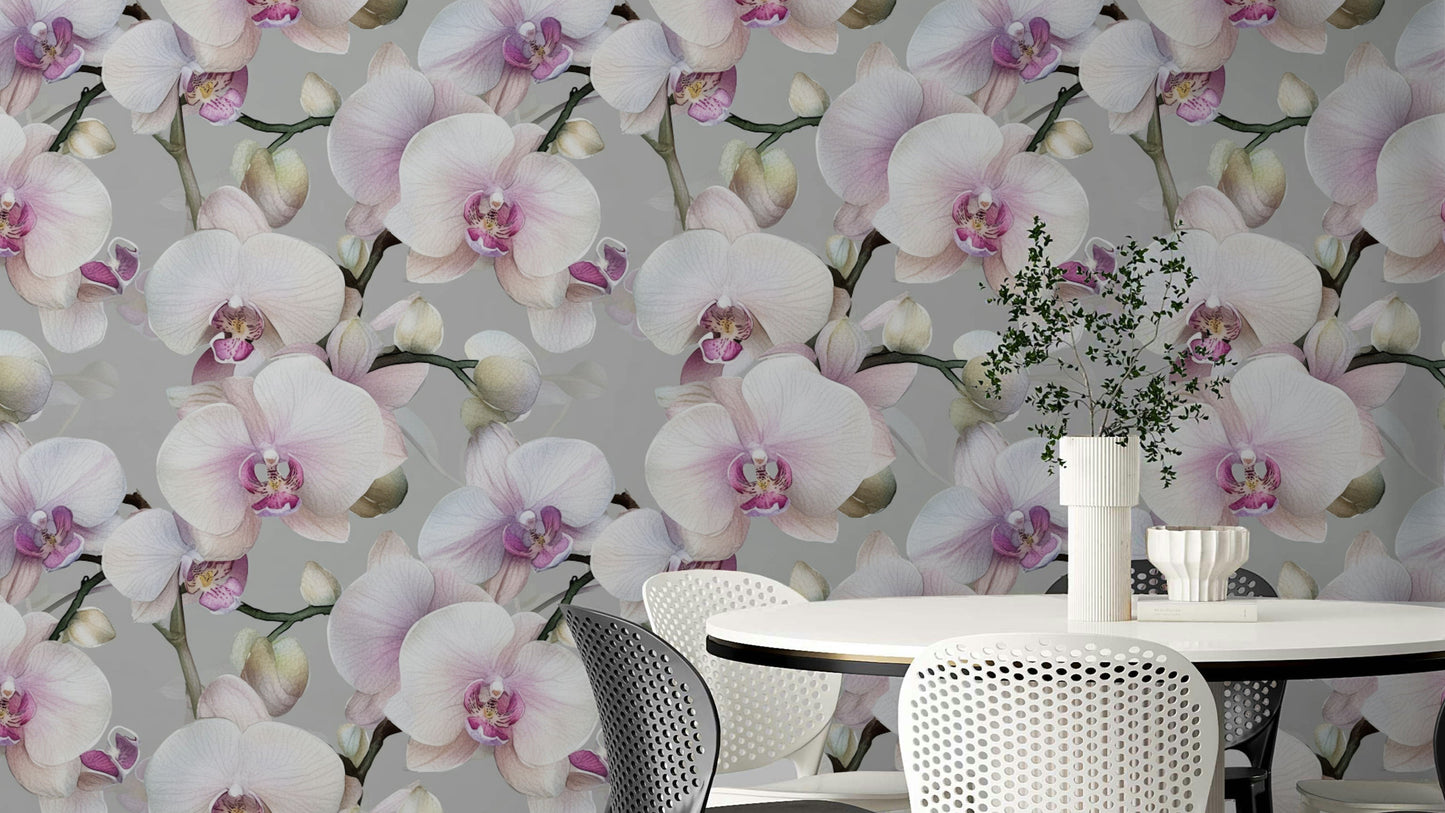 Luxurious orchid floral wall mural on soft, neutral background.


