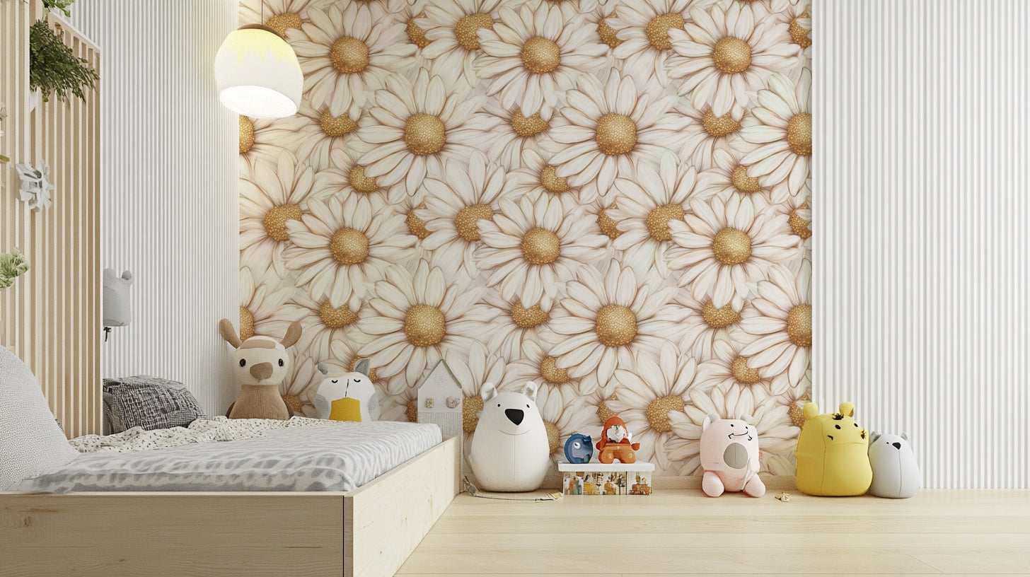 Golden Daisy Poetry wallpaper adding charm and elegance to walls.

