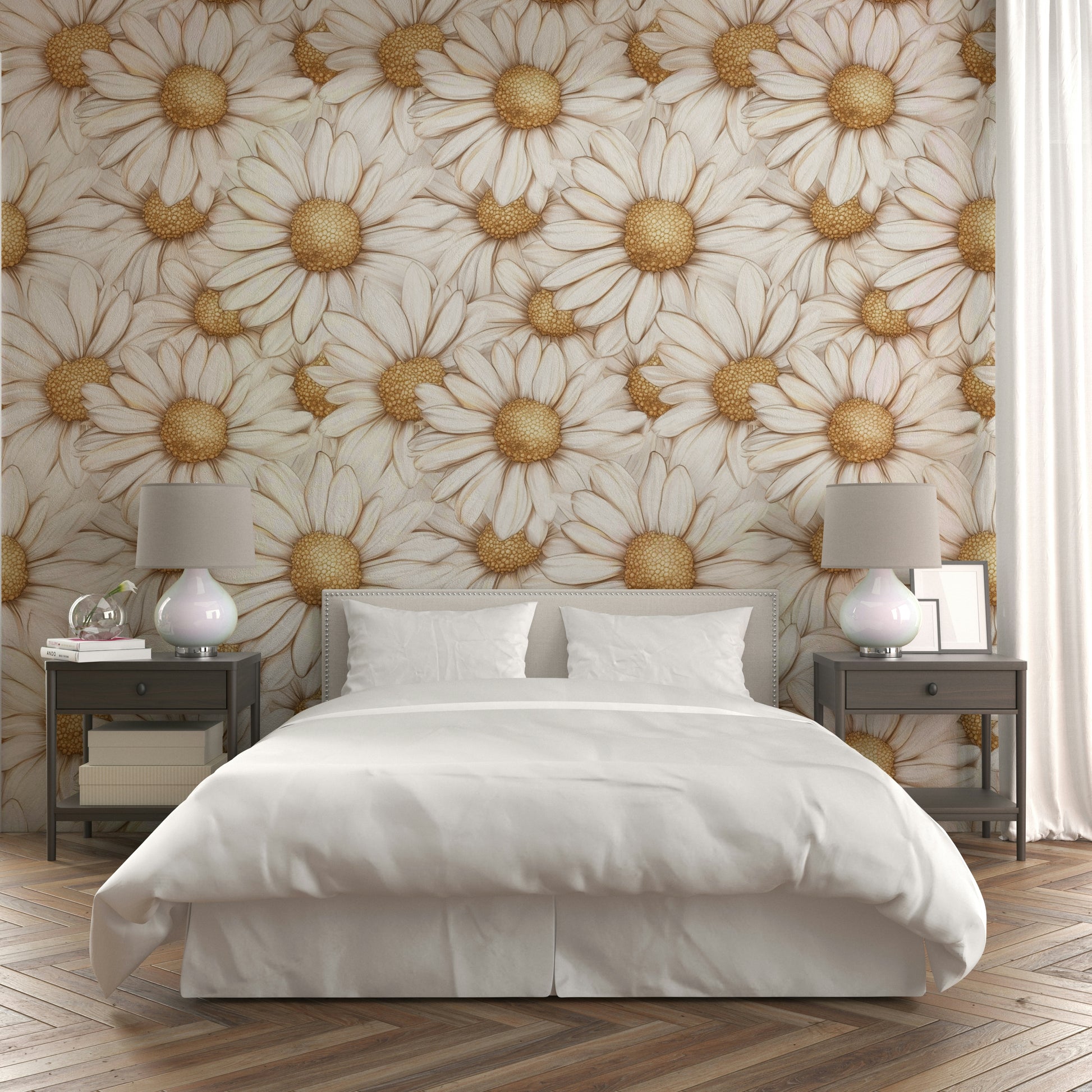 Delicate golden daisy design on soft-toned mural wallpaper.

