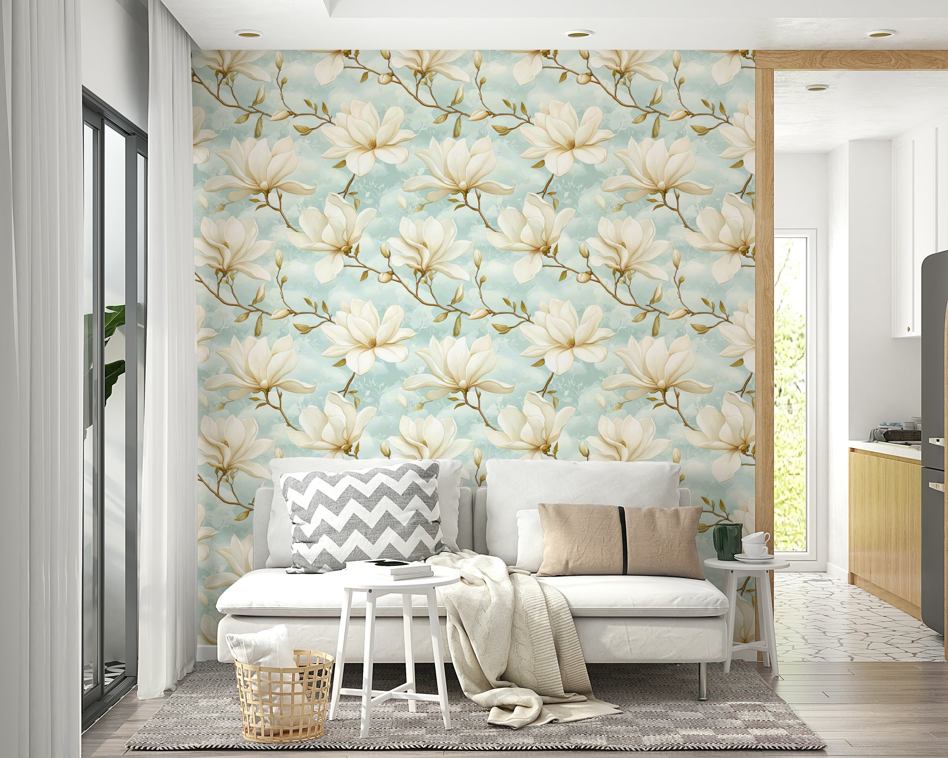 Floral wallpaper for walls with magnolia flowers in soft colors.

