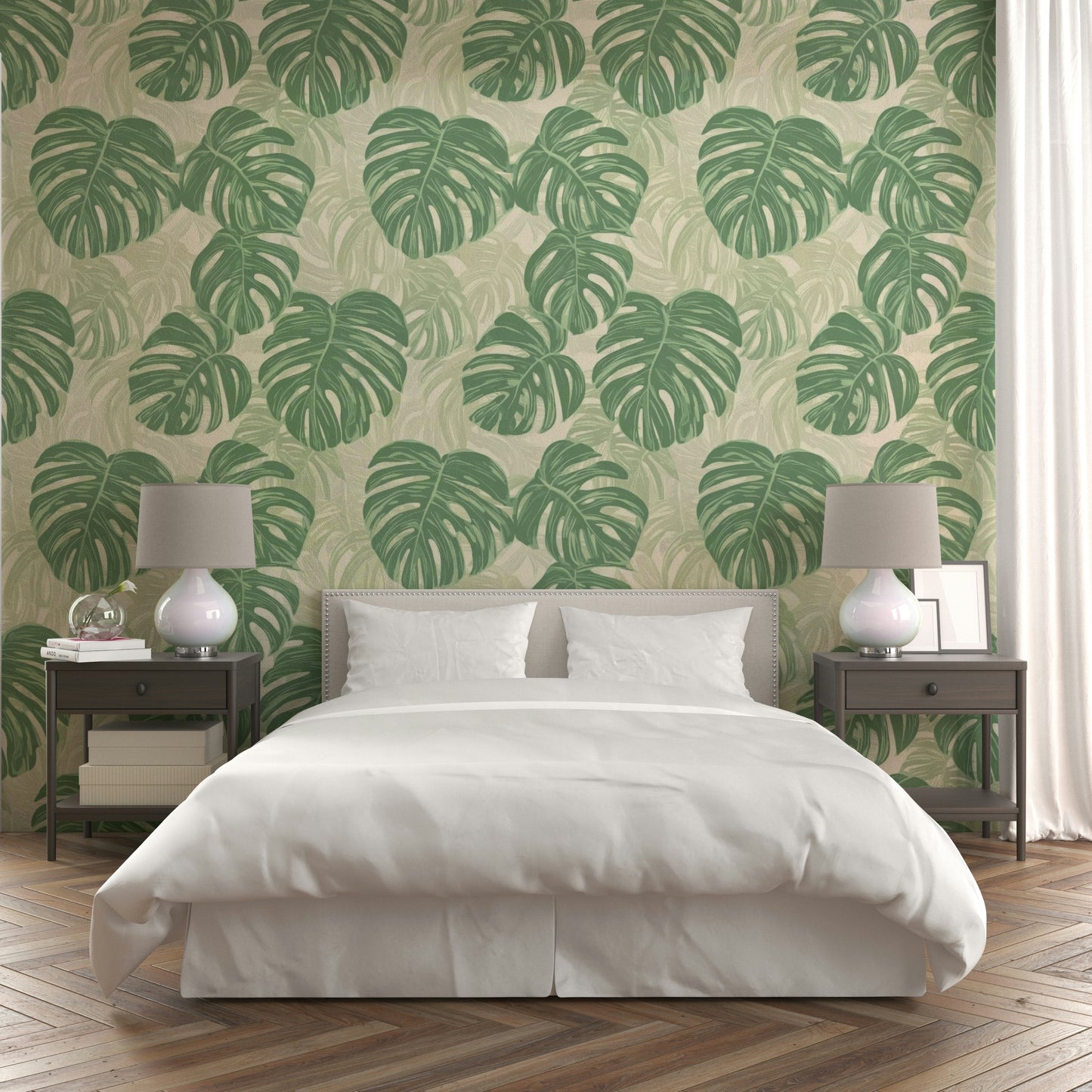 Fresh and green monstera wallpaper for relaxing room vibes.

