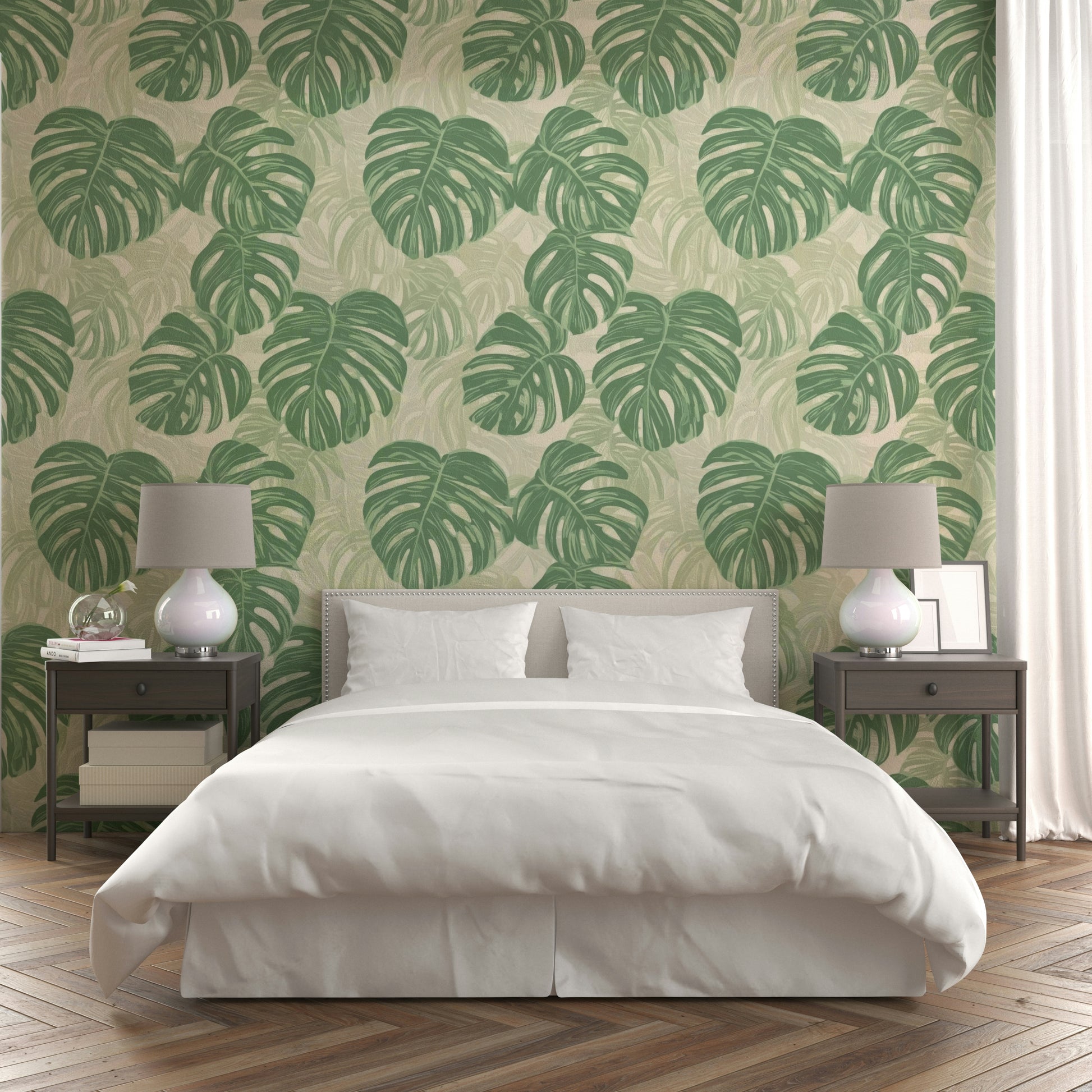 Fresh and green monstera wallpaper for relaxing room vibes.

