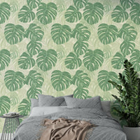 Monstera leaf wallpaper mural for a botanical home design.

