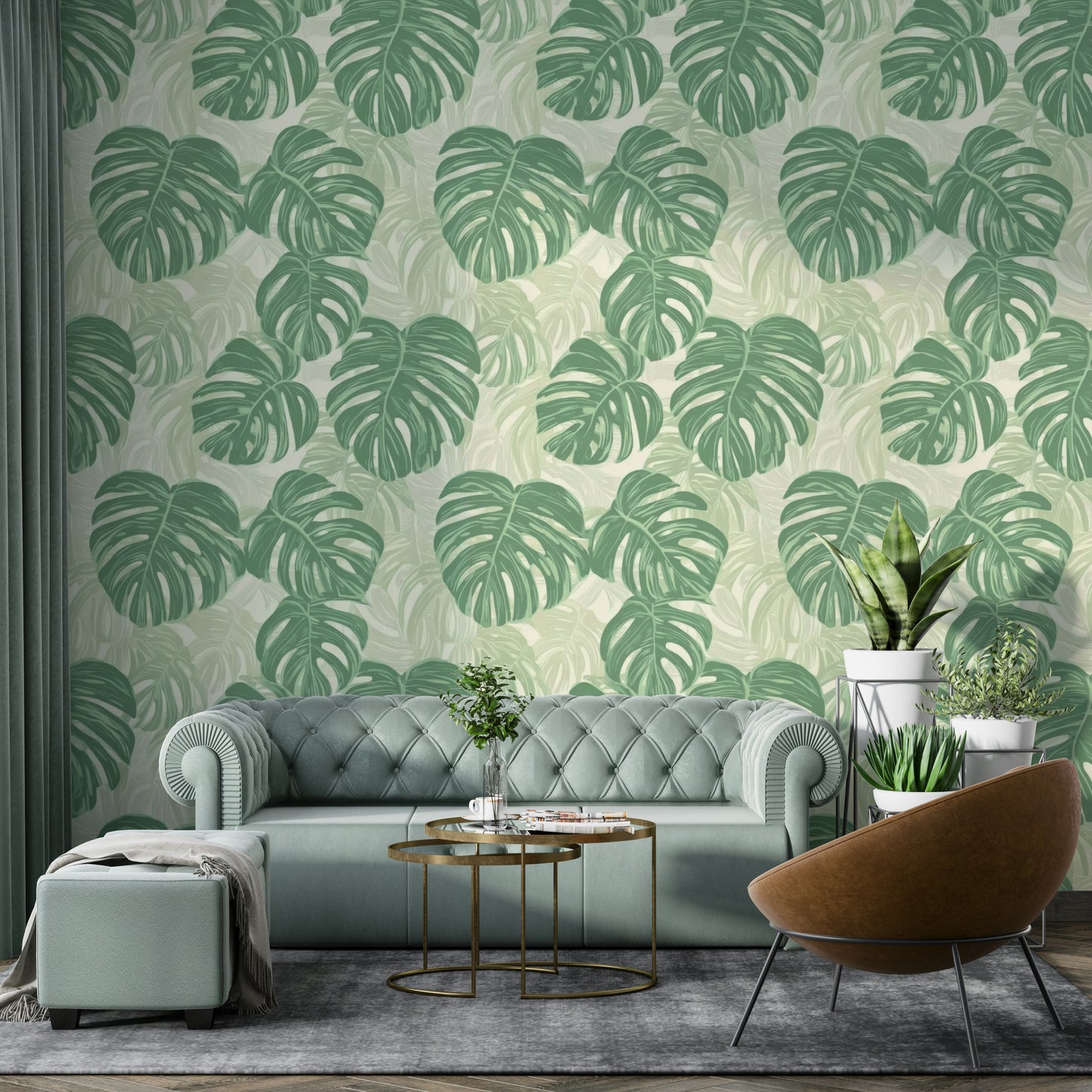 Green monstera wallpaper for a fresh, organic look.

