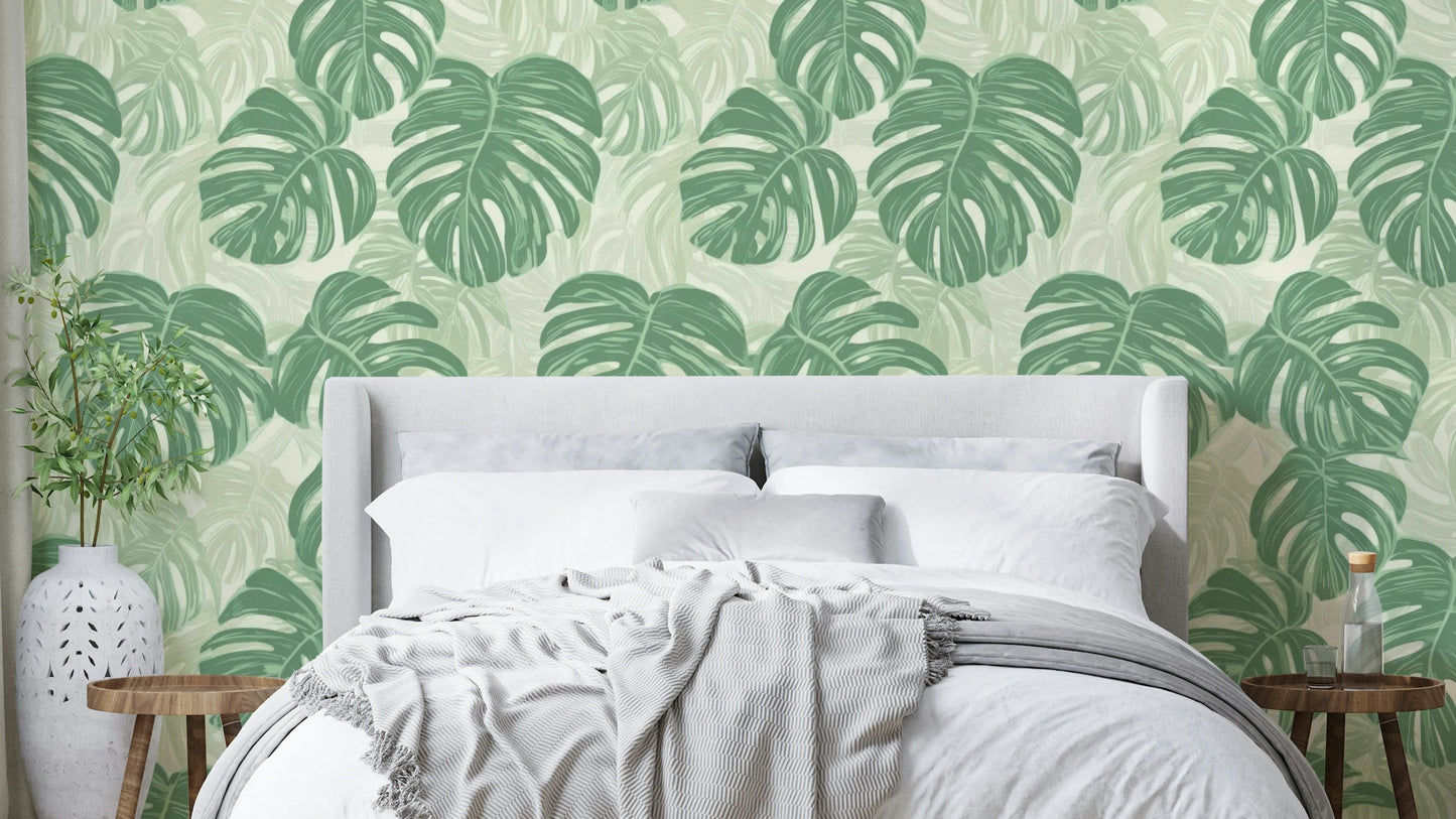 Monstera Moments Wallpaper featuring vibrant monstera leaves.

