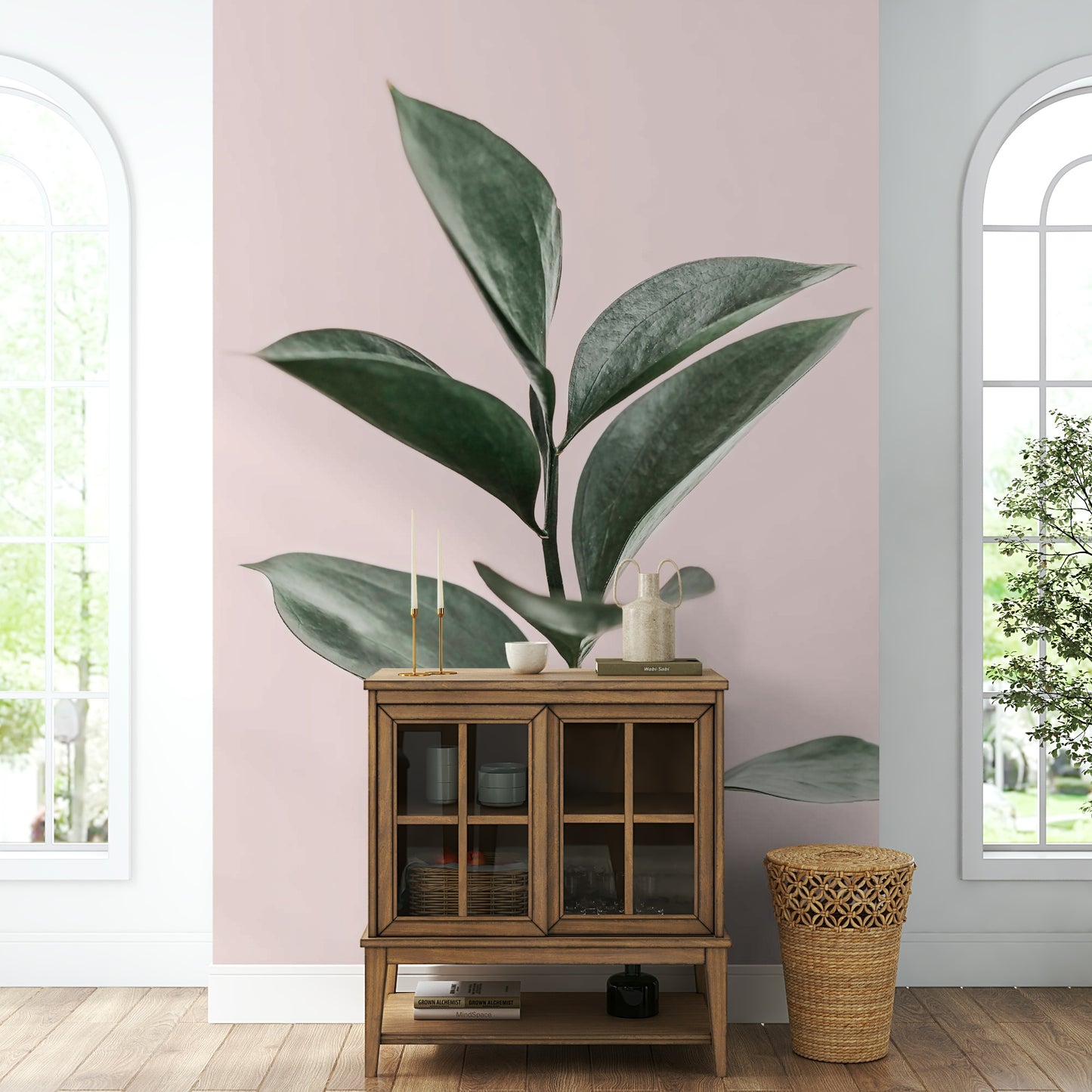 Bedroom styled with Pink & Green Harmony mural

