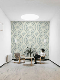 Traditional damask mural in soft cool hues

