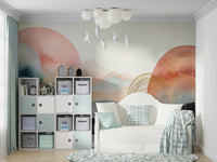 Soft abstract mural for kids with dreamy scenery

