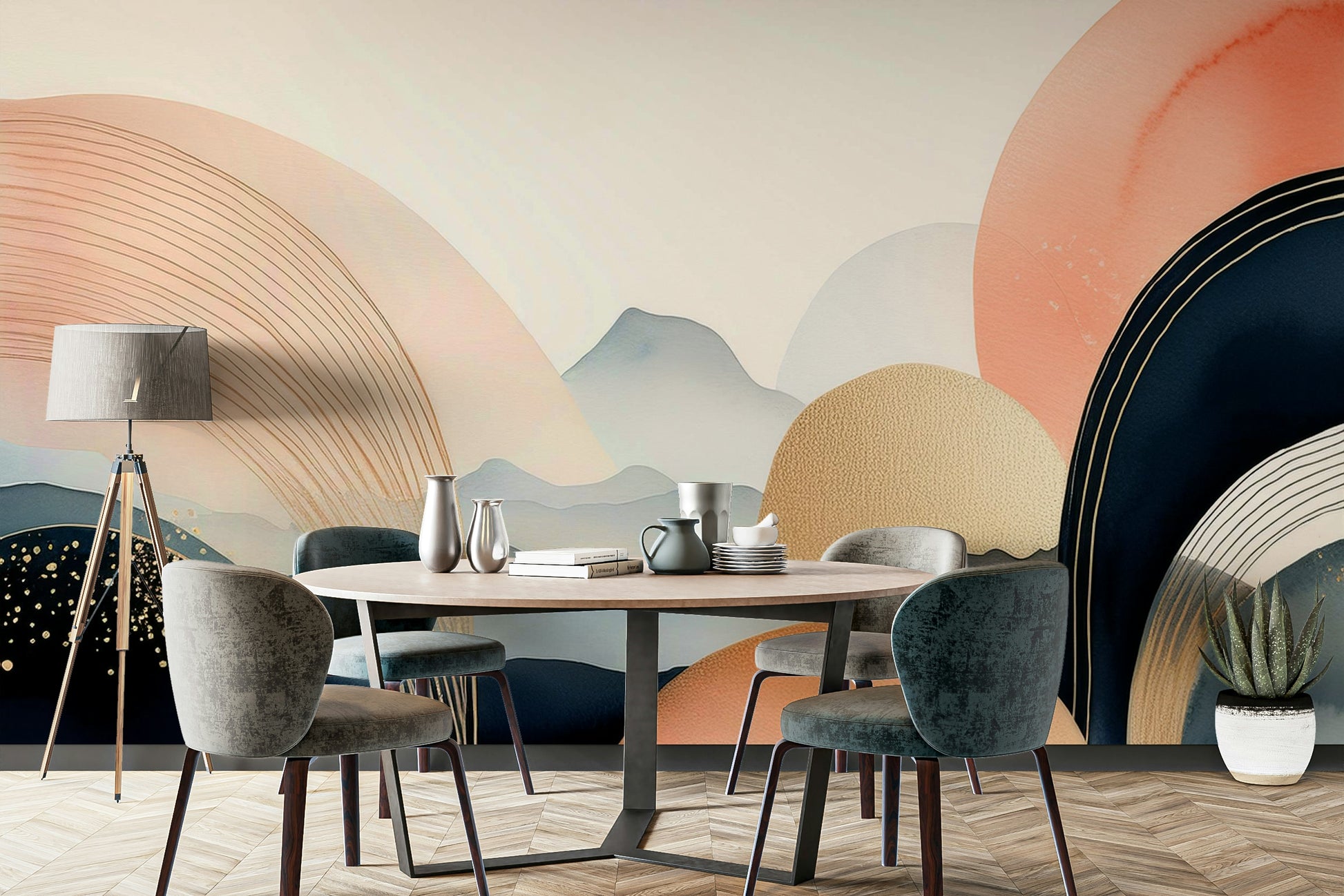 Boho kids mural with abstract sky elements

