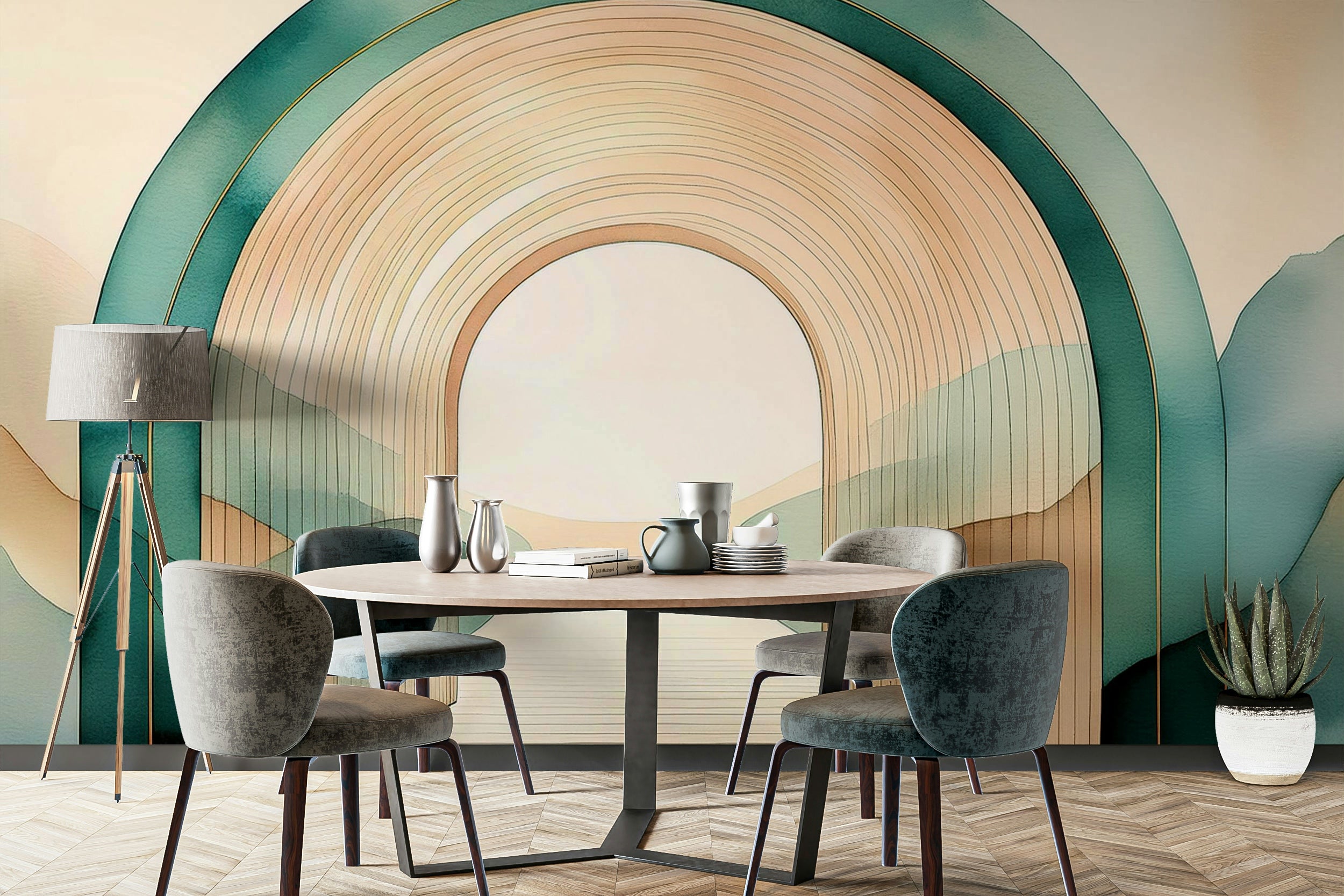 Teal Dream Arches Wall Mural featuring soft, elegant teal arches.

