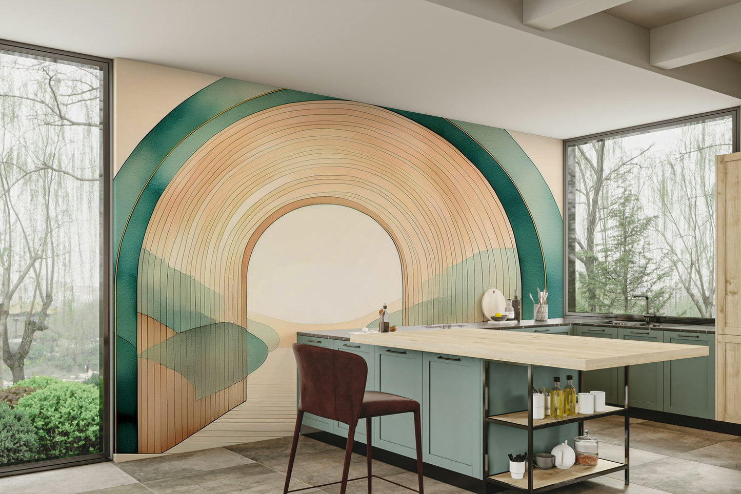 Elegant teal arches creating a peaceful ambiance in wall mural.

