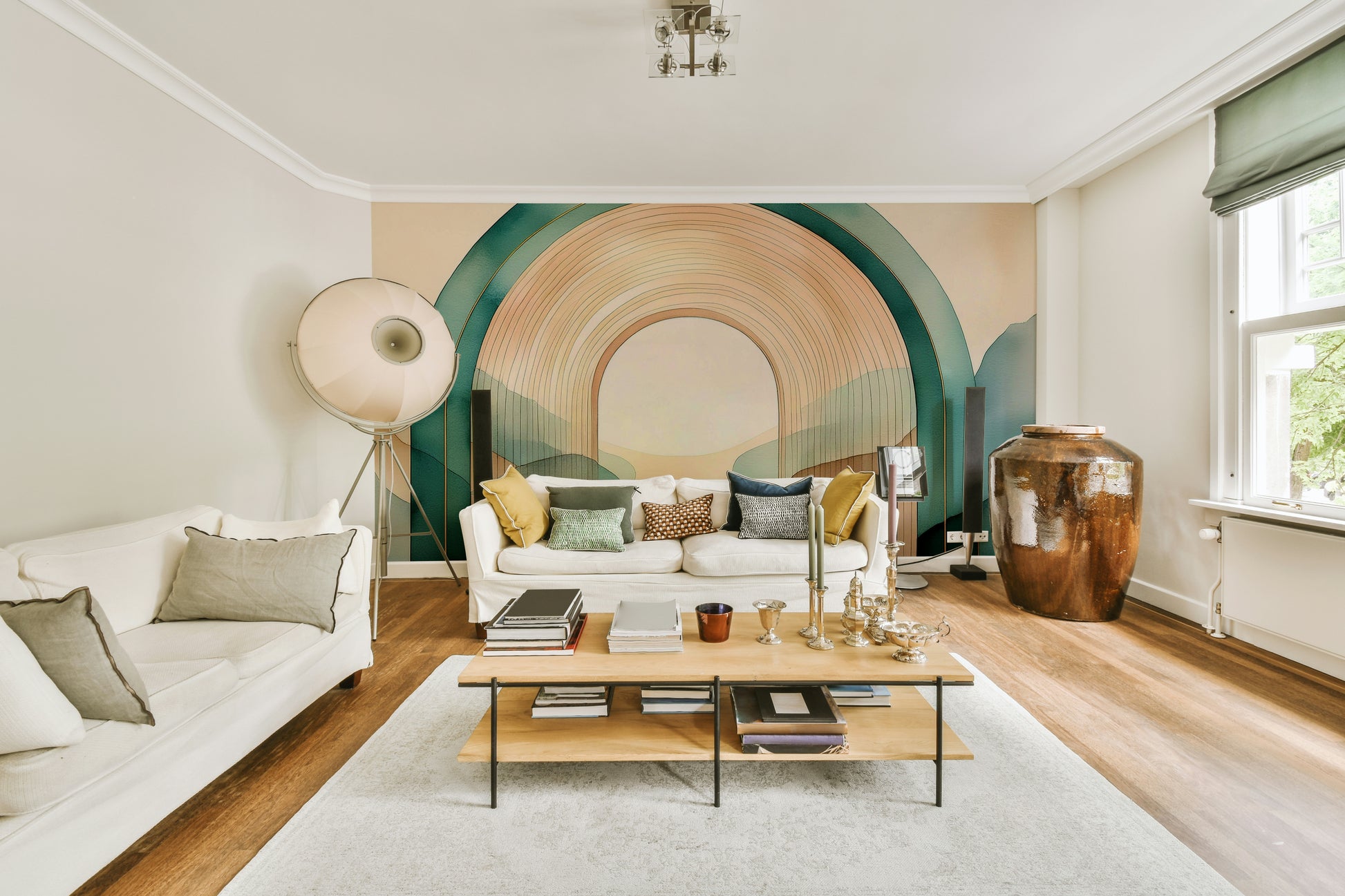 Serene teal arches in Teal Dream Arches mural wallpaper for bedrooms.

