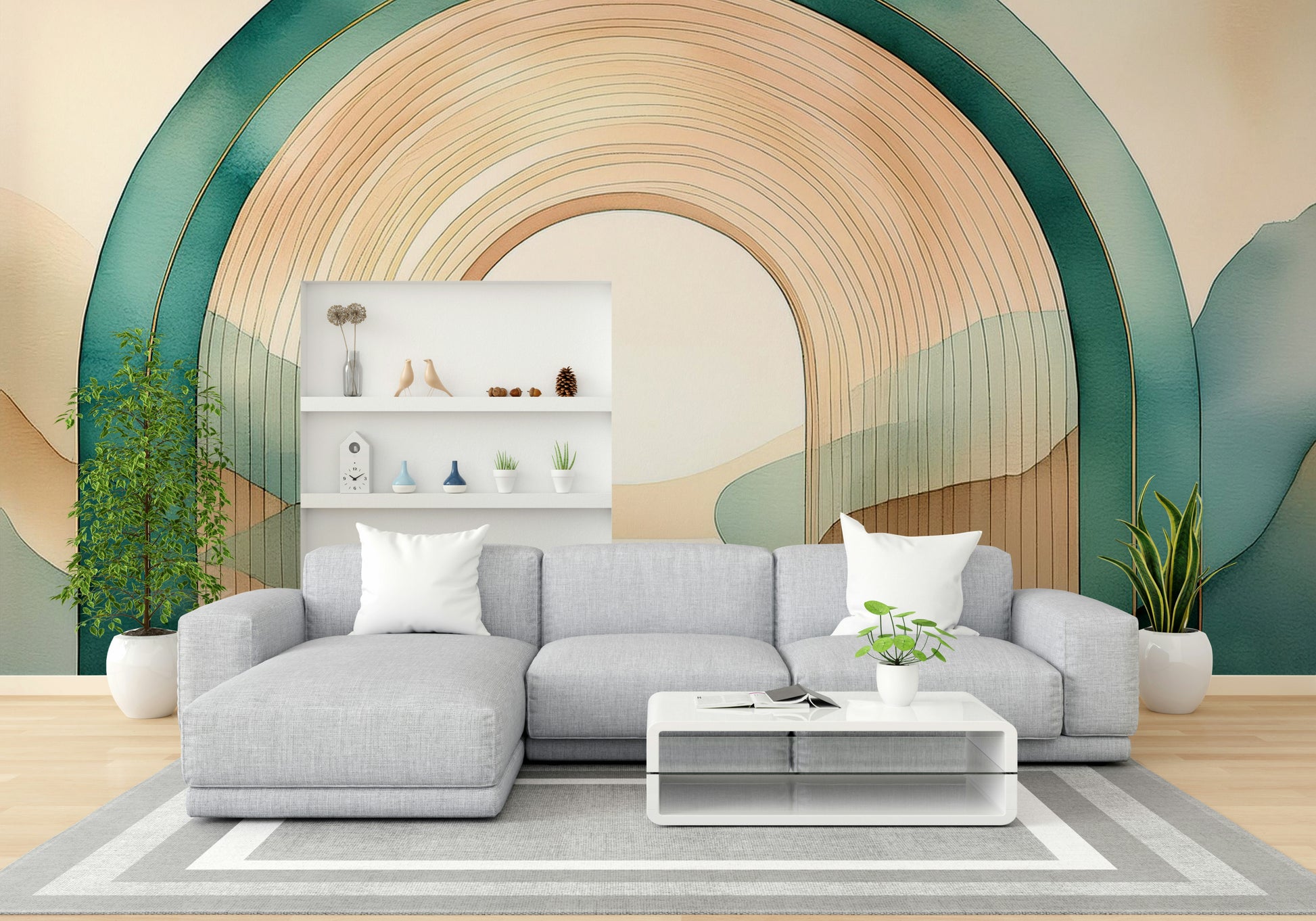 Soft teal tones in Teal Dream Arches wall mural for a serene room.

