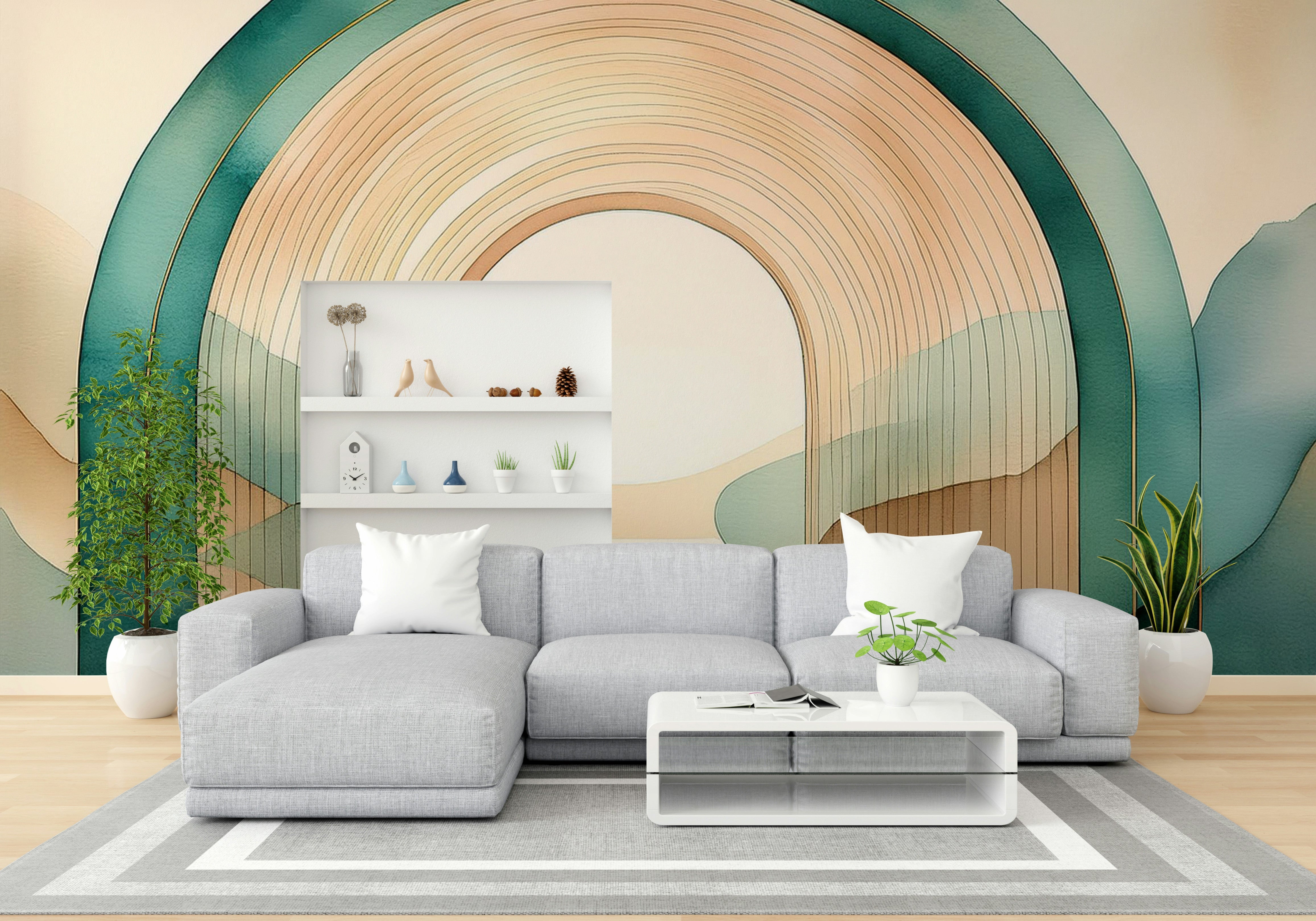 Soft teal tones in Teal Dream Arches wall mural for a serene room.

