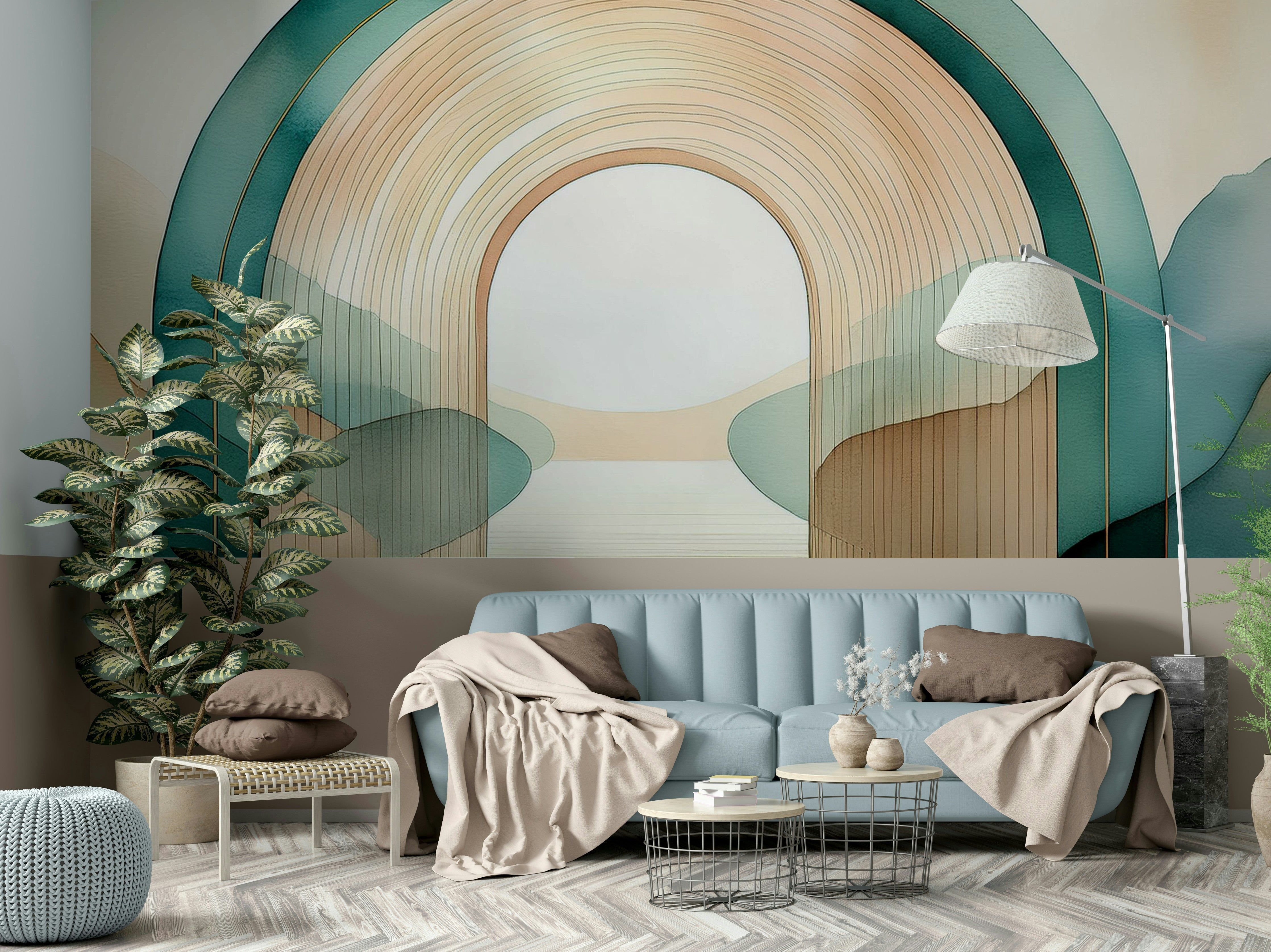 Teal Dream Arches mural adding sophistication and tranquility to your space.

