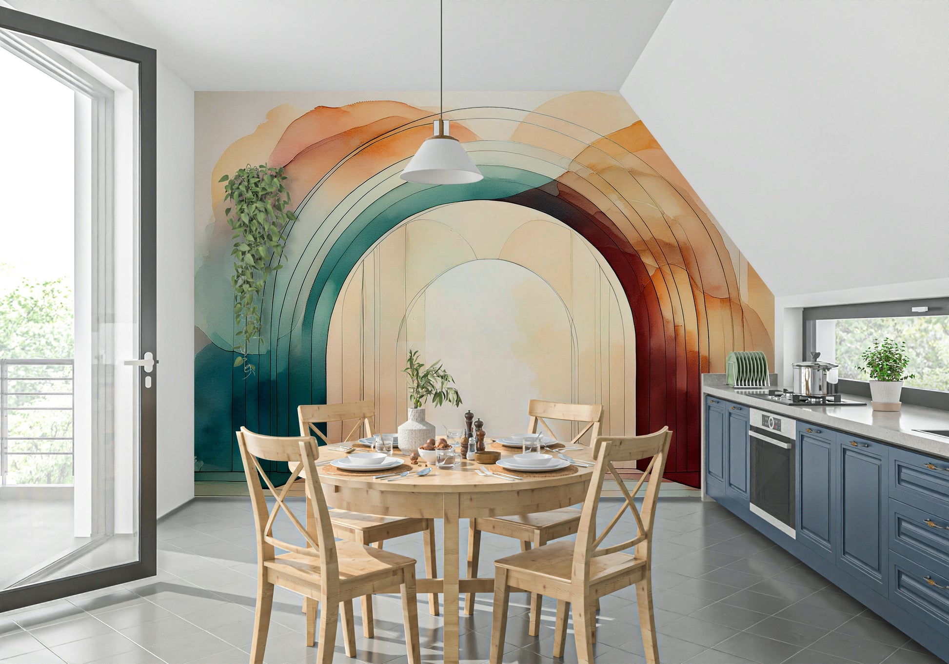 Sophisticated teal arch design in Teal Dream Arches 2 wall mural.

