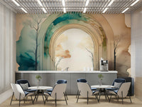 Dreamlike open portal design leading to nature in wall mural.

