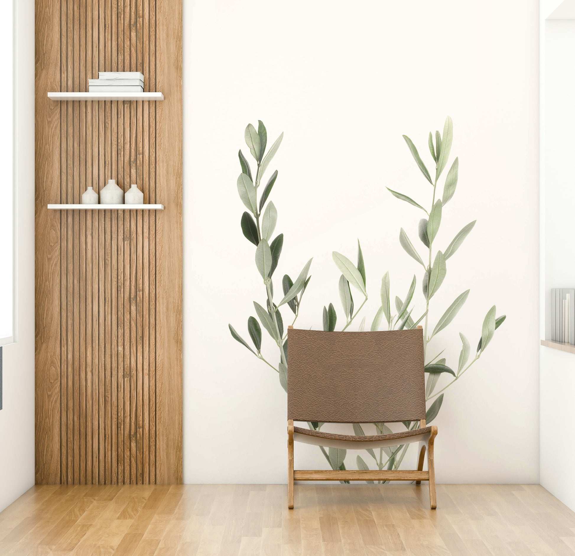 Refresh your walls with a botanical wall mural featuring leaves.

