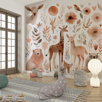 Peaceful wild creatures depicted in soft colors on wall mural.

