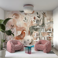 Tranquil woodland safari mural creating a calm atmosphere.

