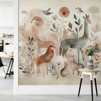 Serene animal designs in Gentle Woodland Safari wall mural.

