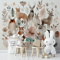 Nature-inspired mural with charming forest friends and greenery.

