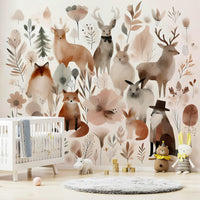 Playful forest creatures like foxes and owls in wall mural design.

