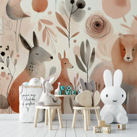 Wild and whimsical animal characters in the wall mural for decor.

