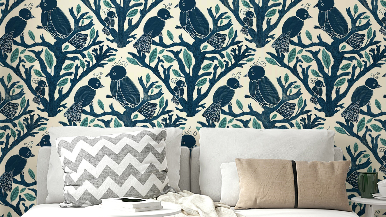 Elegant bird wallpaper with floral forest setting

