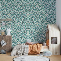 Nature-inspired wallpaper with teal leaf motifs

