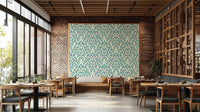 Serene teal wallpaper with layered leaf design

