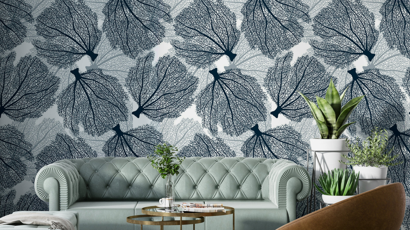 Navy and white coastal wallpaper with coral pattern

