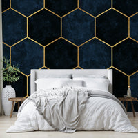 Luxurious midnight blue hexagonal mural for a chic, modern space.

