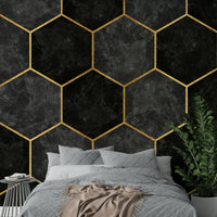 Urban Charcoal Hexagon Pattern Wall Mural with golden accents.

