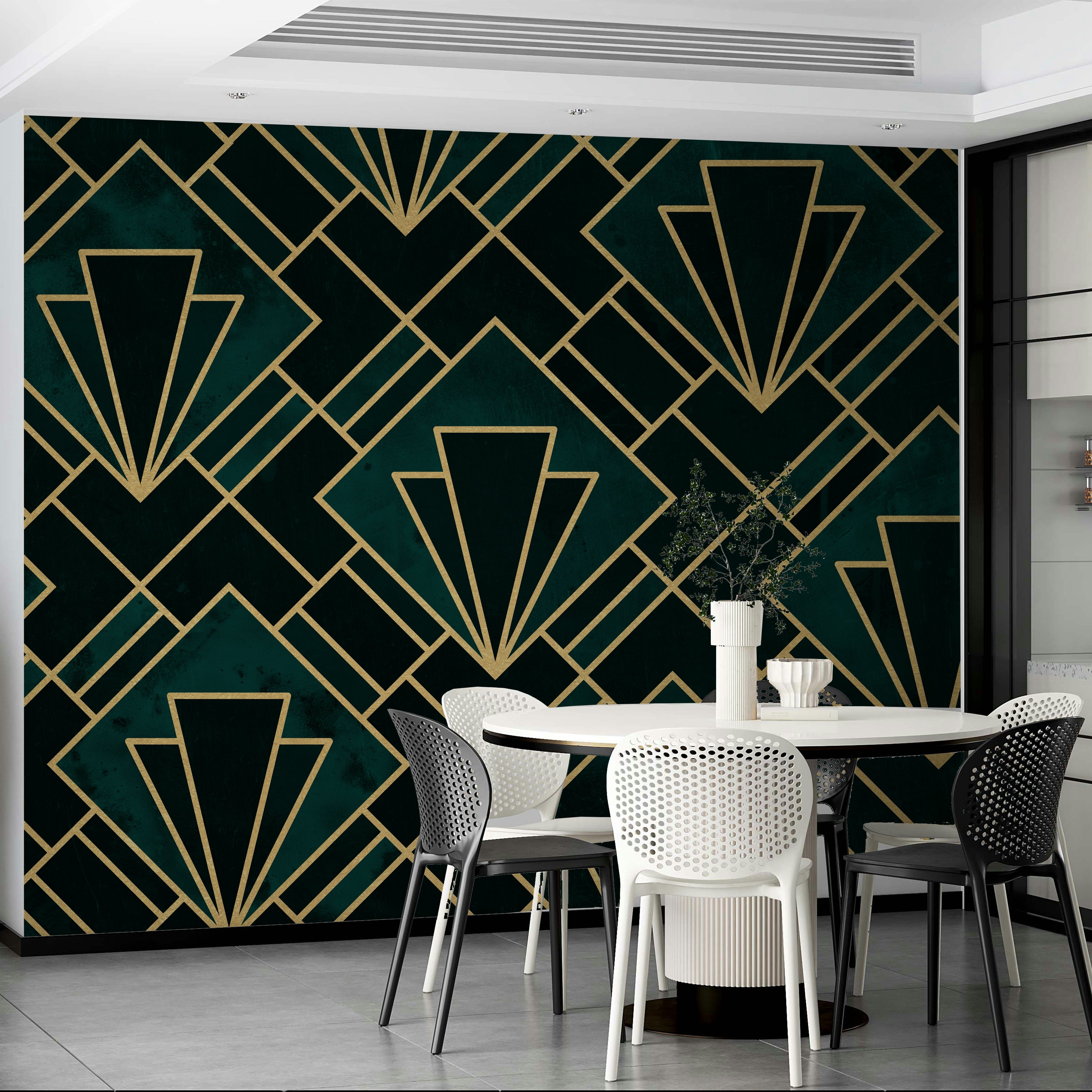 Vintage-inspired emerald Art Deco wall mural with gold accents.

