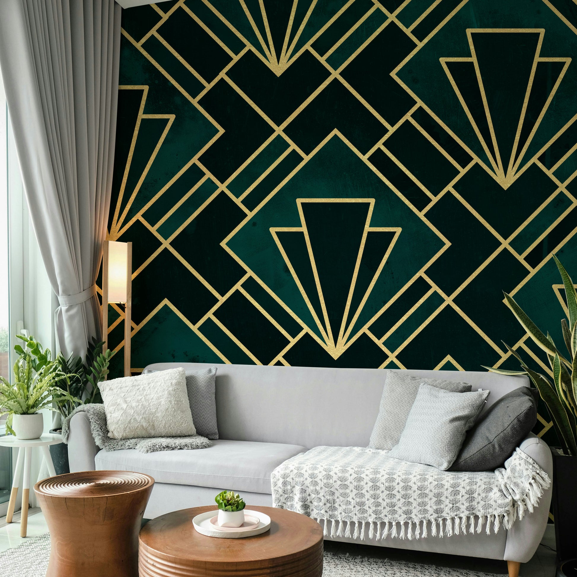 Elegant emerald green and gold geometric wallpaper for walls.

