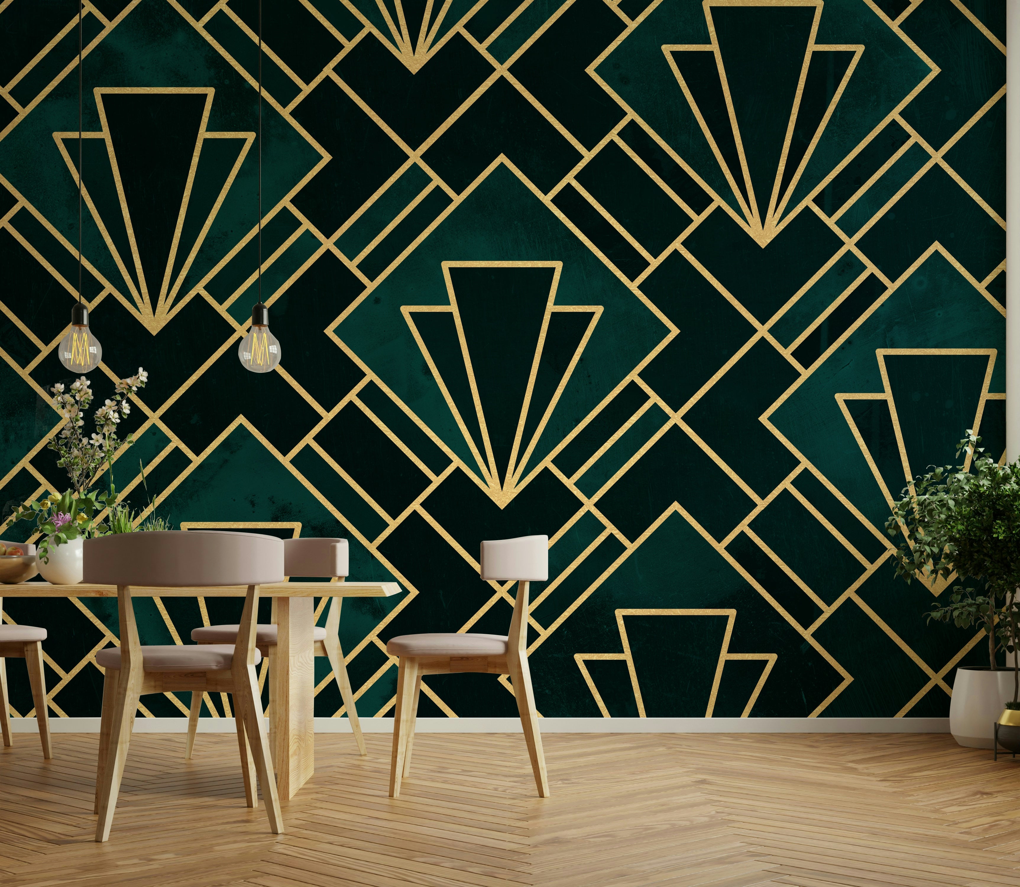 Stunning emerald and gold wall mural for creating an elegant look.

