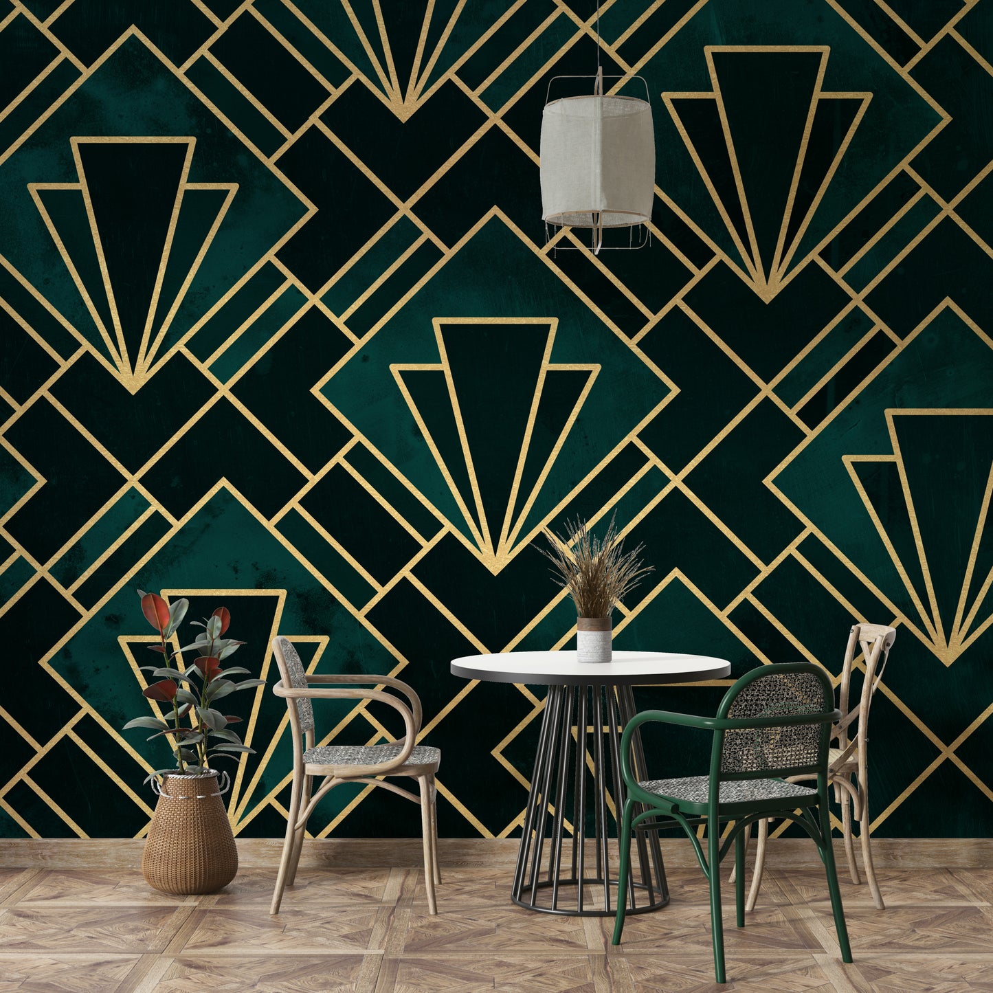 Stunning geometric design in emerald and gold for walls.

