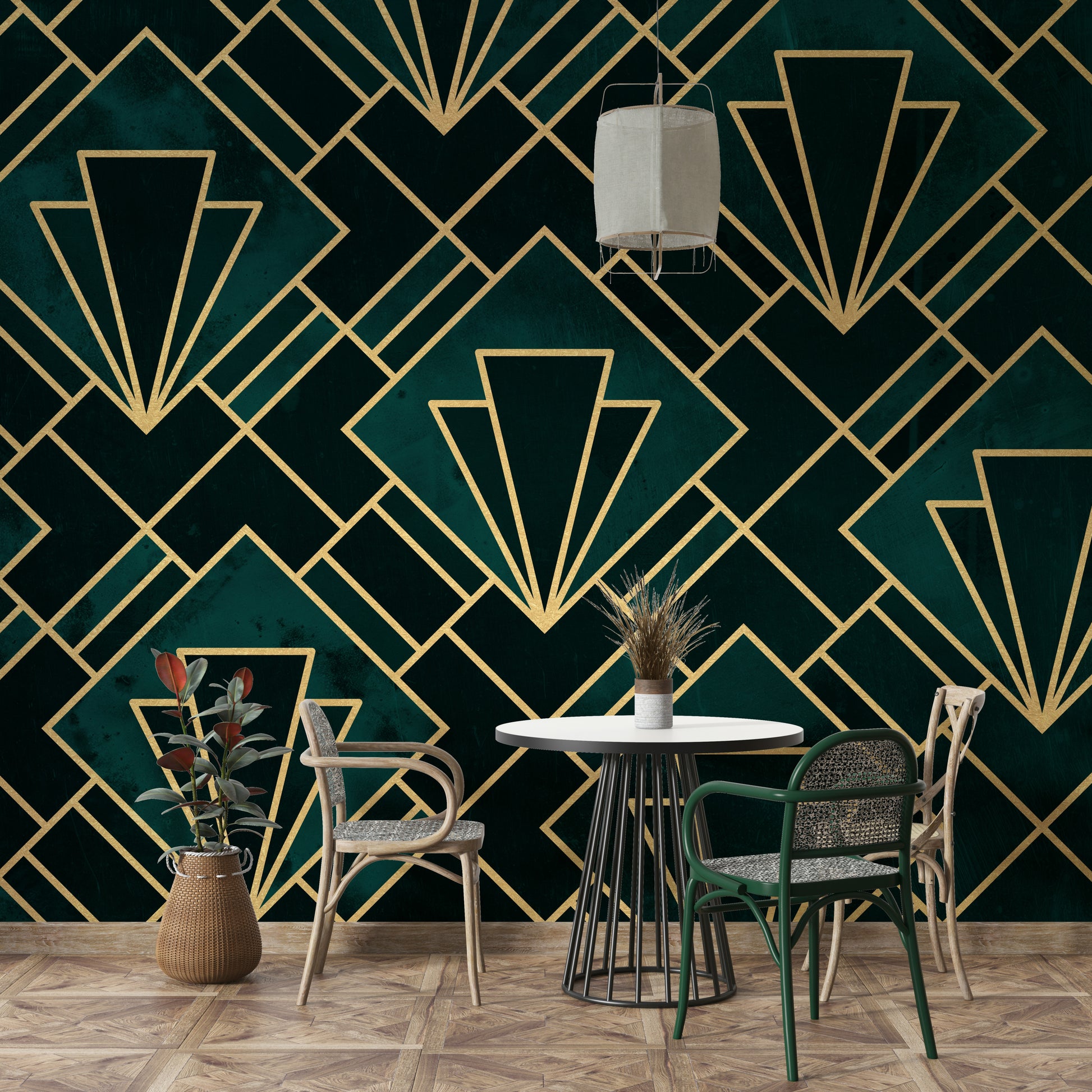 Stunning geometric design in emerald and gold for walls.

