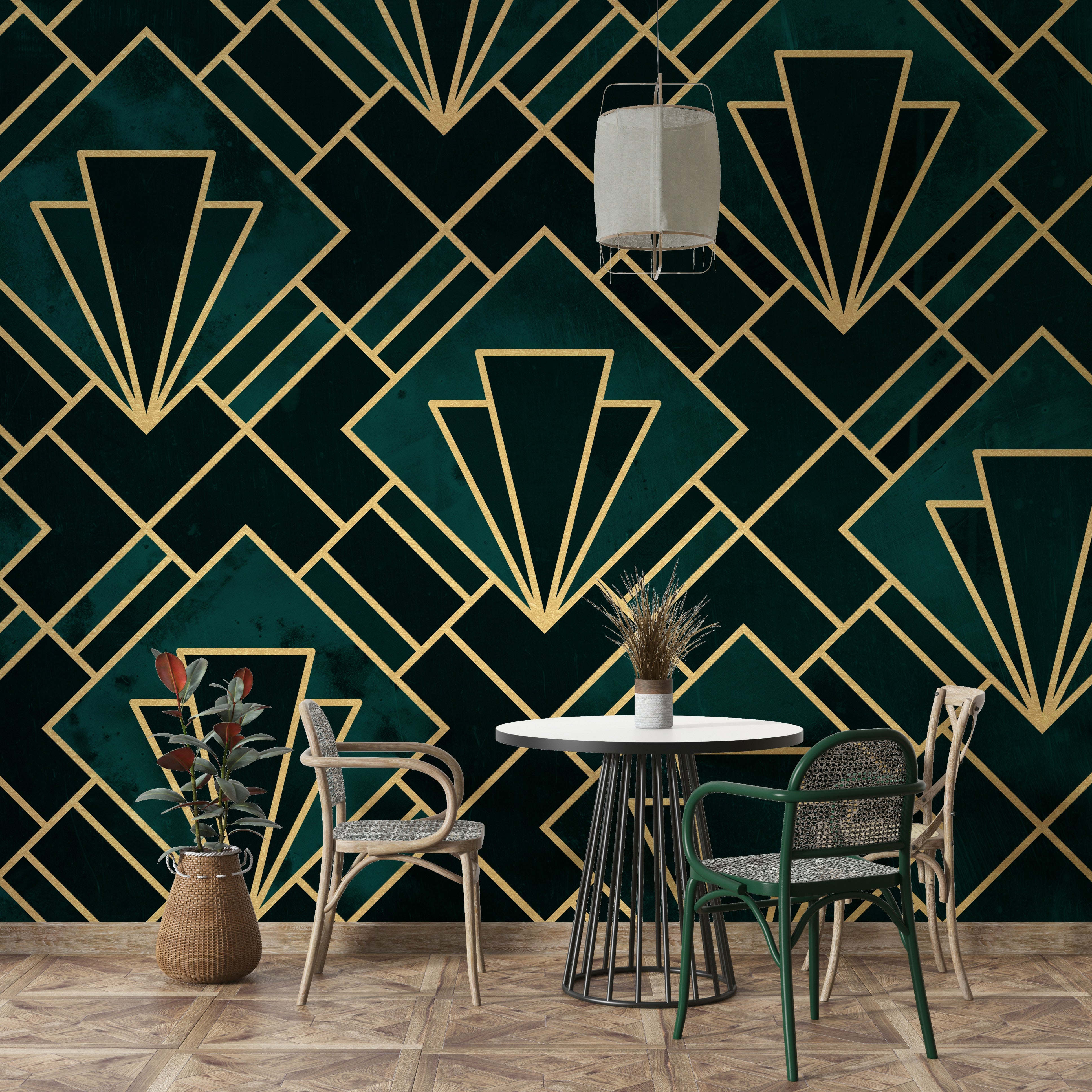 Stunning geometric design in emerald and gold for walls.

