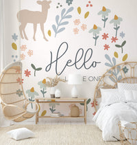 "Hello Little One" Woodland Mural with playful forest animals.


