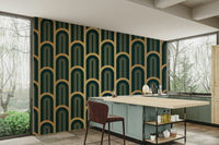 Art Deco Luxury Cyan and Gold Columns Wall Mural with geometric patterns

