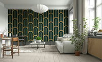 Cyan and gold Art Deco mural with luxurious column design

