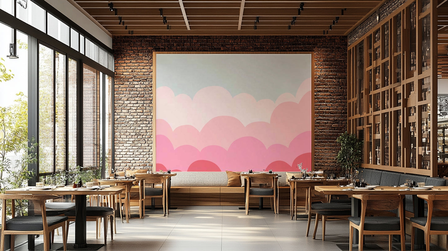 Serene pastel pink and lavender mural for a calming vibe.


