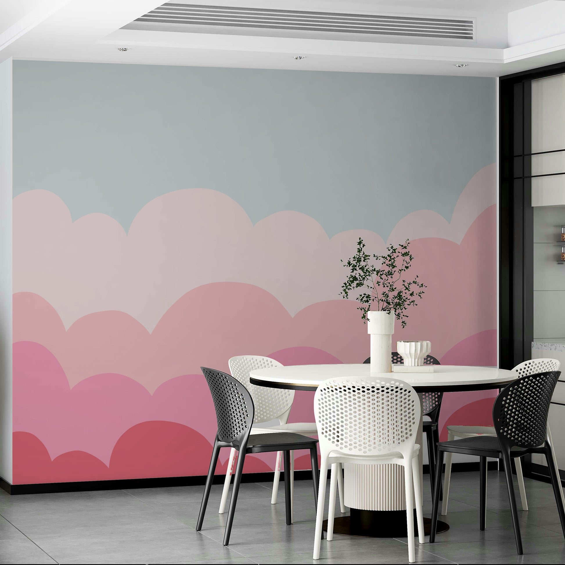 Peaceful pastel pink sunrise mural for relaxing spaces.

