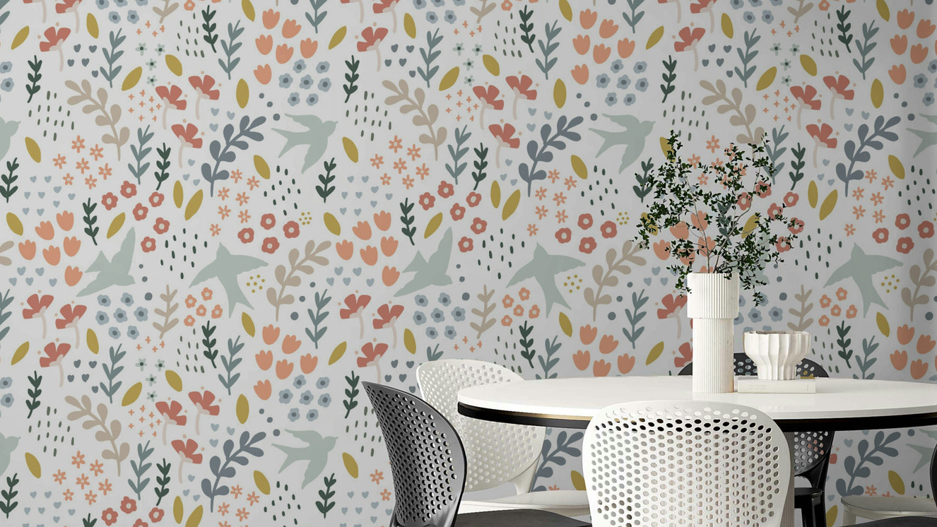 Bellbird Springtime Floral Wallpaper with vibrant blooms.

