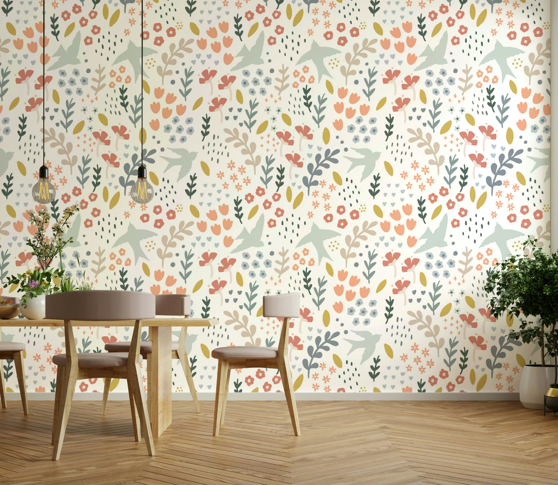 Fresh and colorful spring floral wallpaper for lively rooms.

