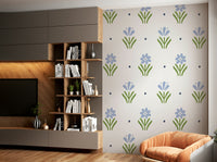Serene blue floral wallpaper for cozy cottage-style decor.


