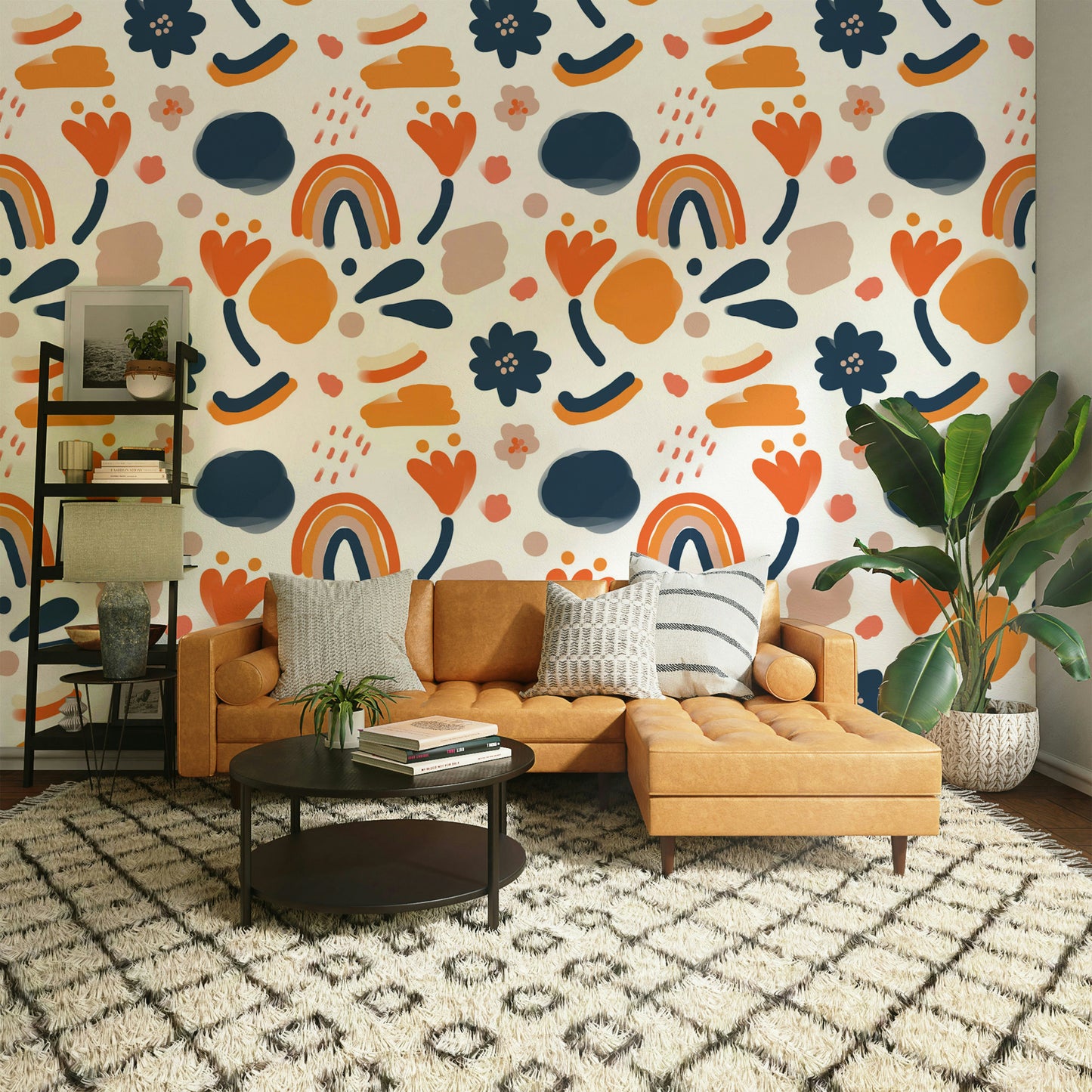 Vibrant retro floral design wallpaper for walls.

